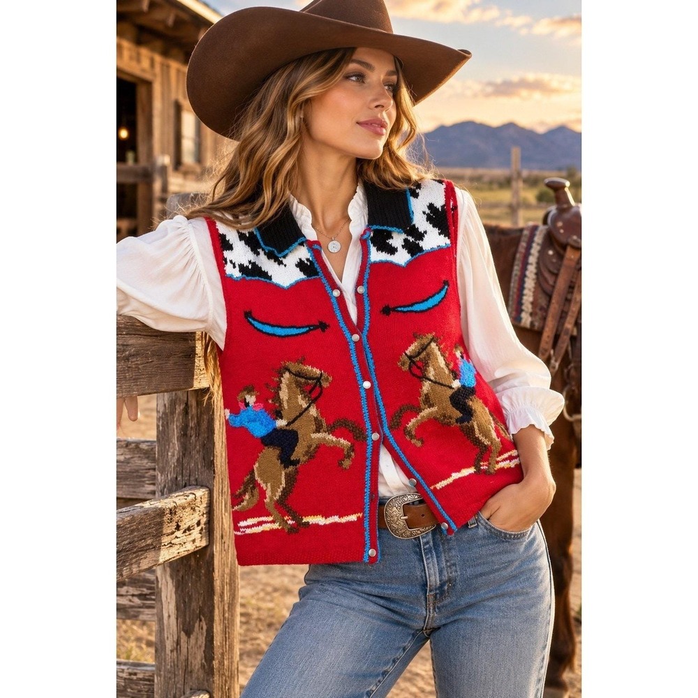 Vintage 1998 Susan Bristol Western Cowboy Hand Knit Embroidered Vest Red M